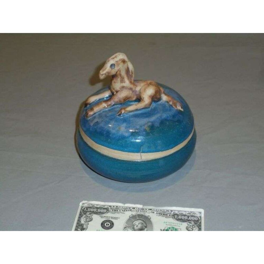 vtg cobalt blue glazed trinket box with figural lamb lid